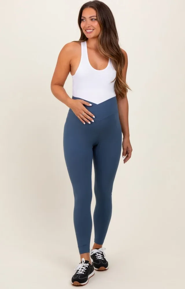 Blue Crossover Waistline Maternity Leggings