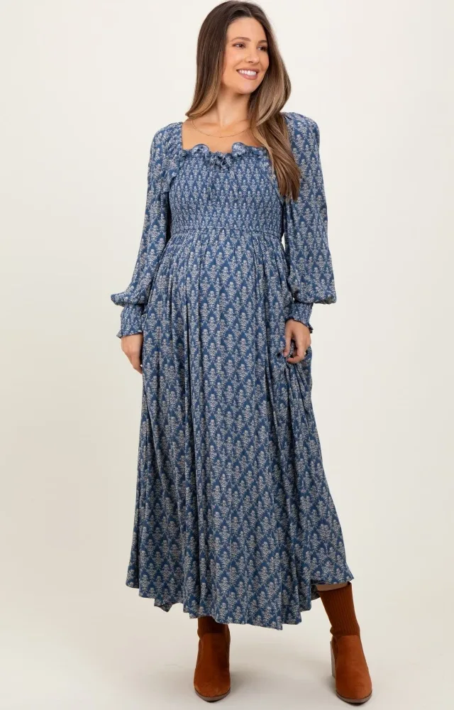 Blue Damask Print Smocked Ruffle Accent Maternity Maxi Dress