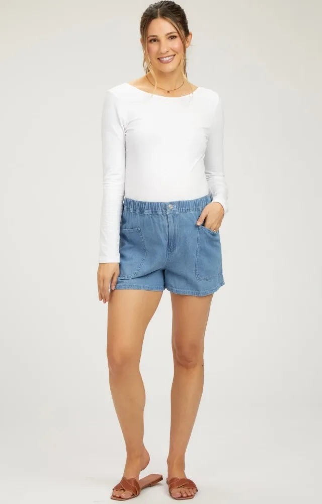 Blue Elastic Waist Maternity Denim Shorts