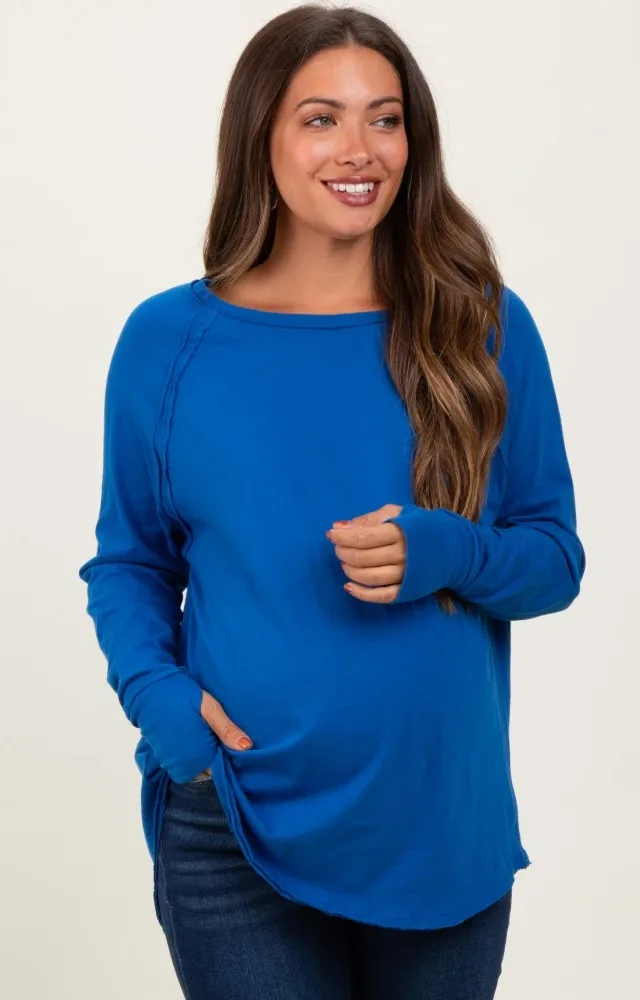 Blue Exposed Seam Thumbhole Long Sleeve Maternity Top