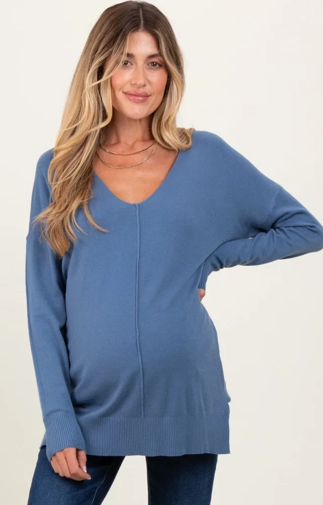 Blue Front Seam V-Neck Side Slit Maternity Sweater