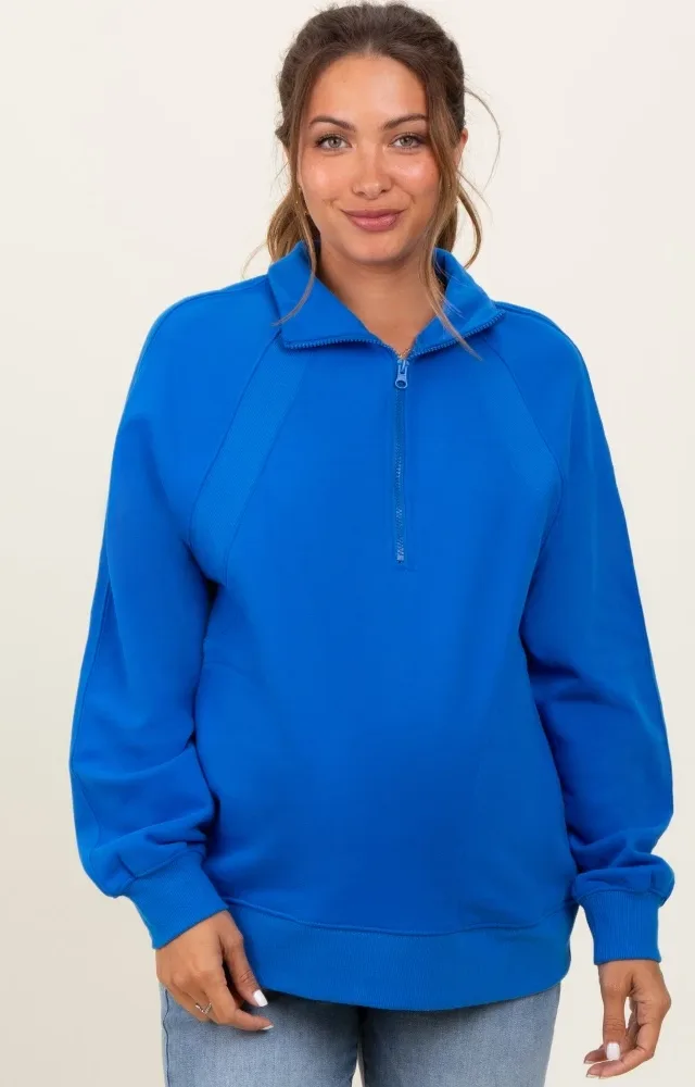 Blue Half Zip Contrast Rib Sweatshirt Maternity Top