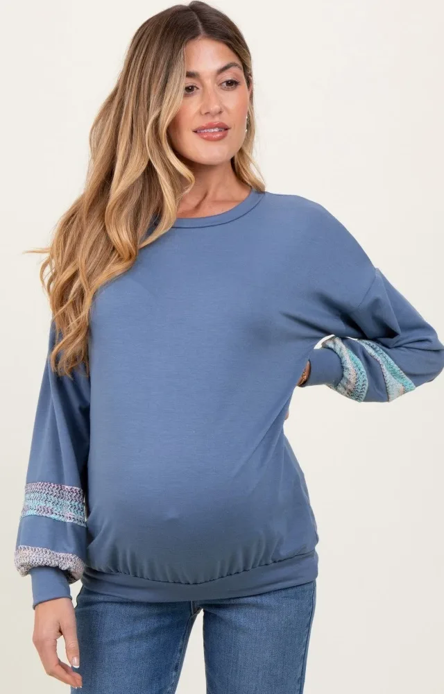 Blue Multicolor Trim French Terry Maternity Sweatshirt