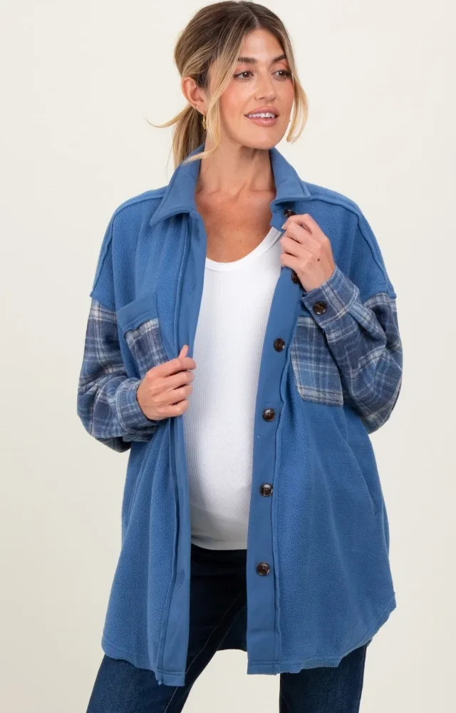 Blue Plaid Contrast Fleece Maternity Shacket