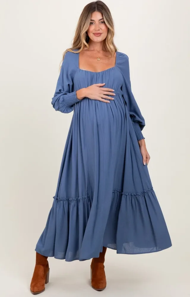 Blue Square Neckline Bubble Sleeve Maternity Maxi Dress