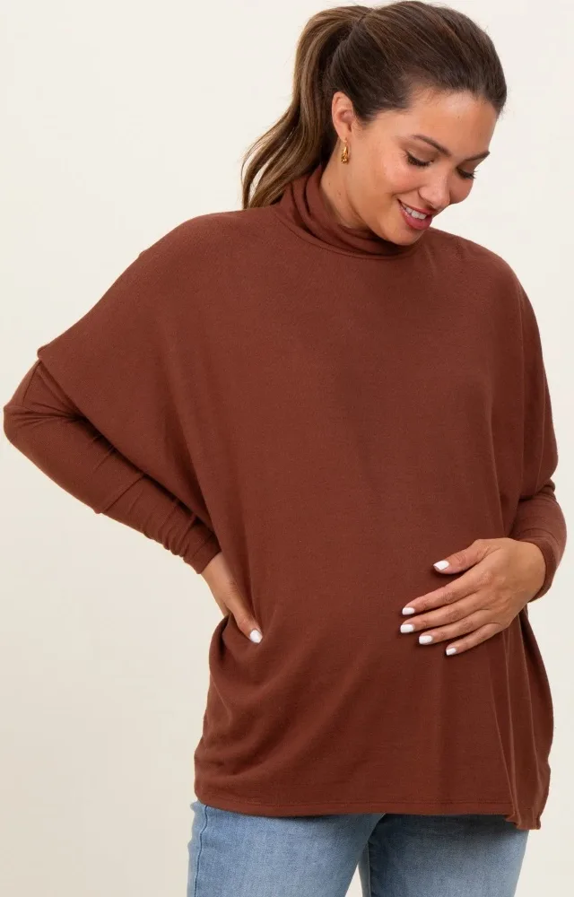 Brown Brushed Knit Turtleneck Dolman Sleeve Maternity Top