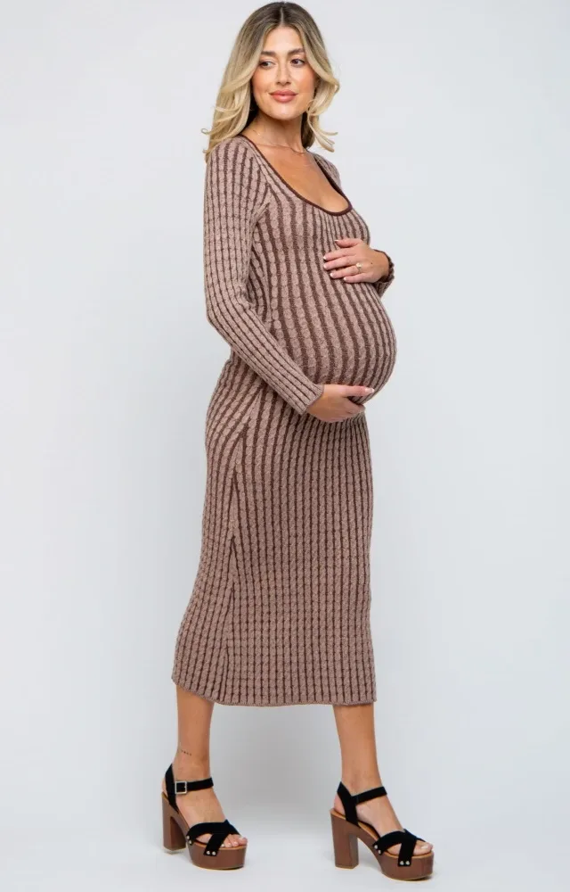 Brown Cable Knit Maternity Fitted Midi Dress