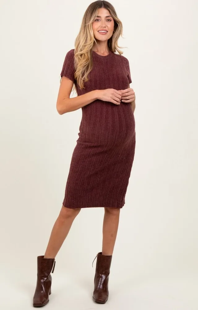 Brown Chenille Knit Short Sleeve Maternity Sweater Dress