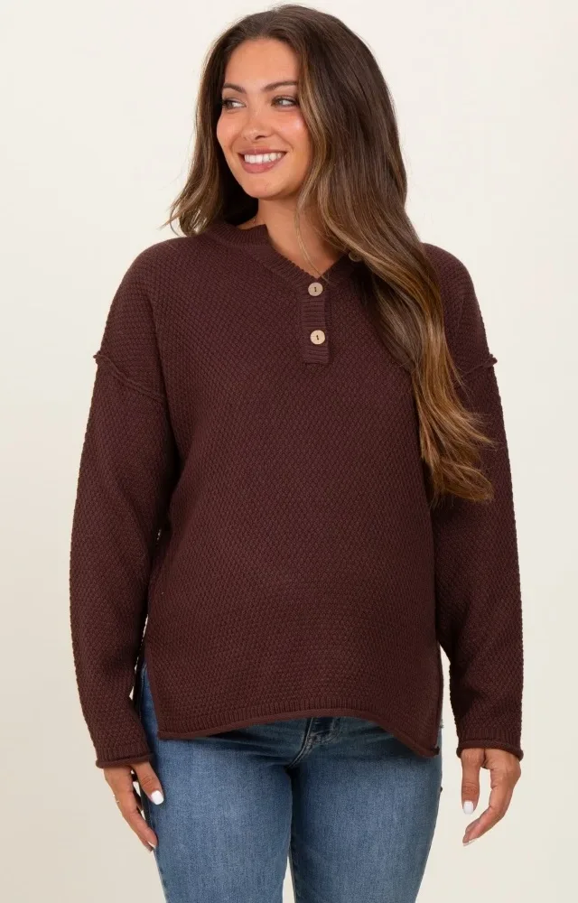 Brown Diamond Knit Button Detail Maternity Sweater