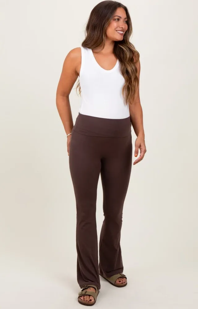 Brown Fold Over Waistband Maternity Flared Pants