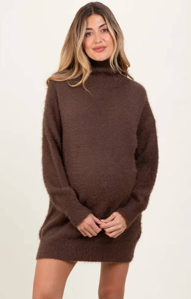 Brown Fuzzy Knit Turtleneck Maternity Sweater Mini Dress