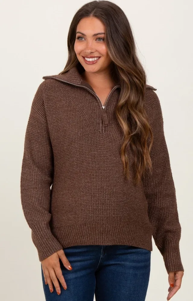 Brown Half Zip Maternity Pullover Sweater