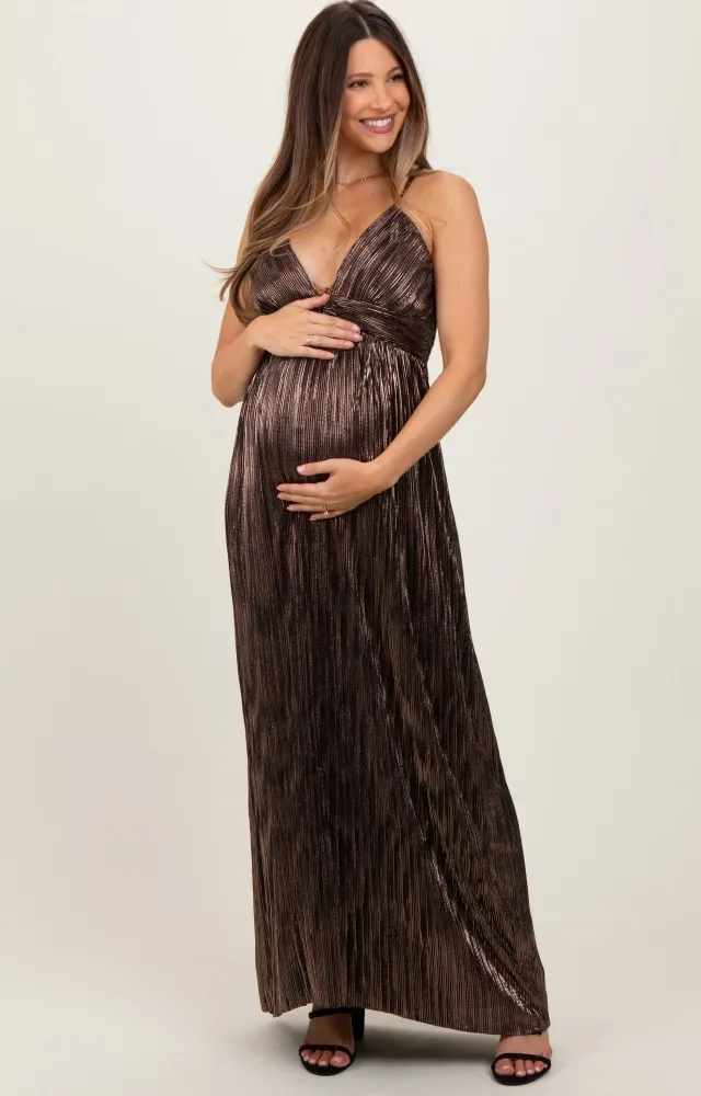 Brown Metallic Deep V-Neck Cutout Tie Back Maternity Maxi Dress