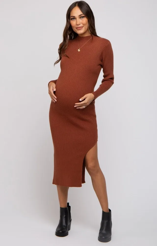 Brown Ribbed Mock Neck Side Slit Maternity Midi Dress