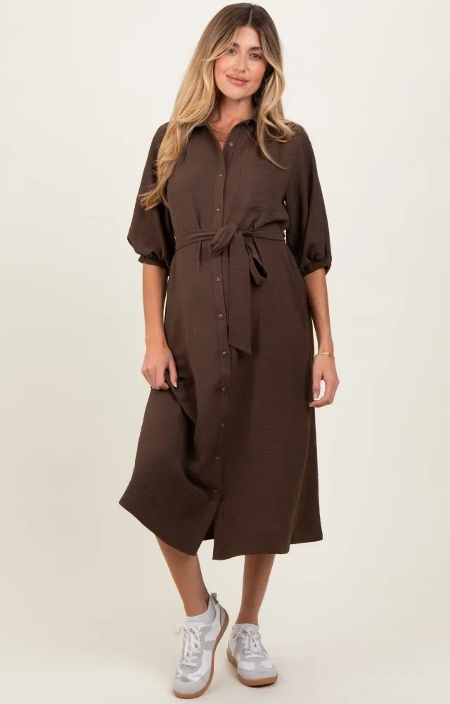 Brown Sash Tie Maternity Midi Shirt Dress