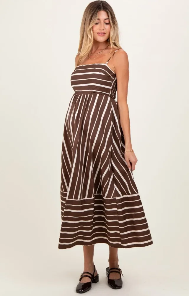 Brown Striped Back Cutout Maternity Dress