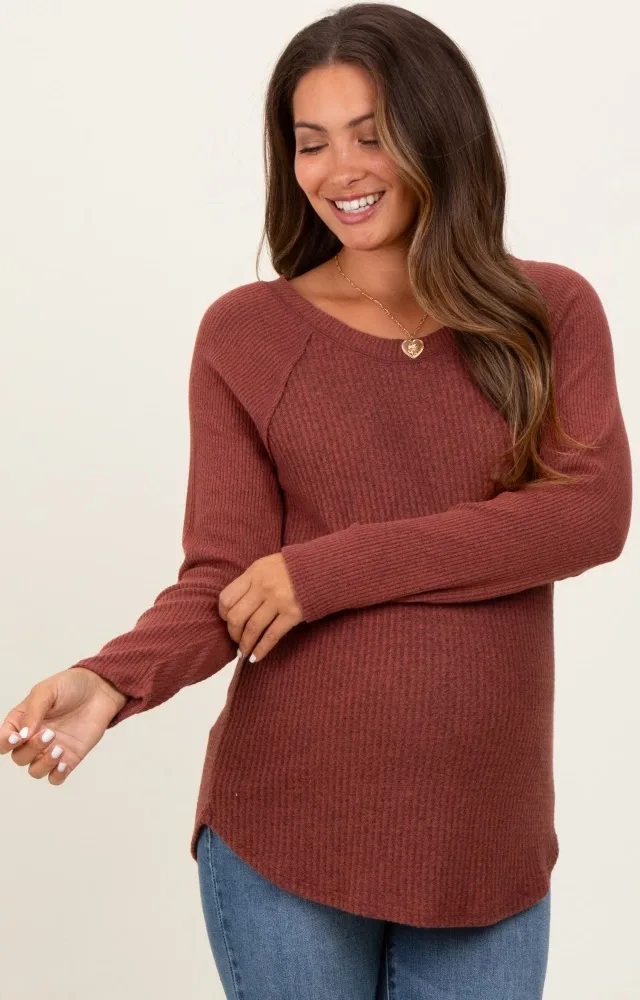 Brown Waffle Knit Raglan Long Sleeve Maternity Top