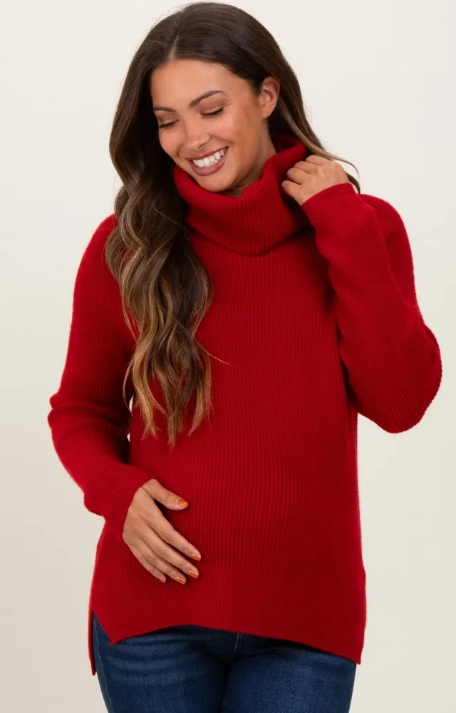 Burgundy Basic Ribbed Turtle Neck Maternity Sweater