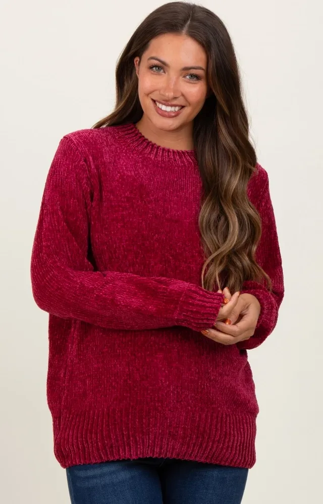 Burgundy Chenille Knit Balloon Sleeve Maternity Sweater