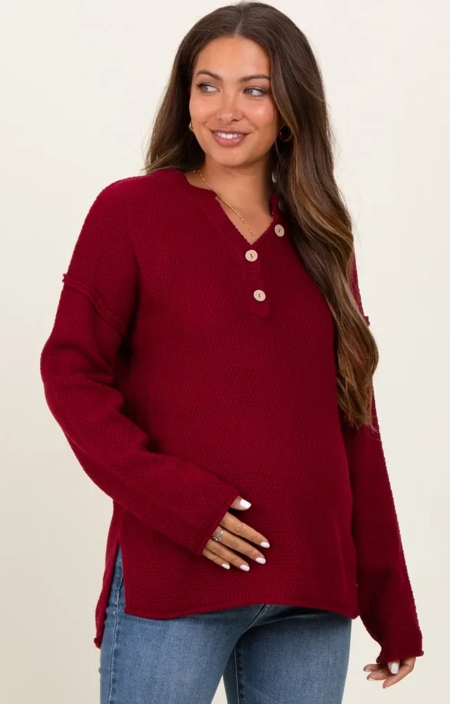 Burgundy Diamond Knit Button Detail Maternity Sweater