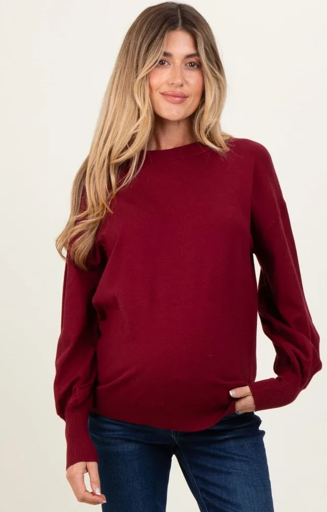 Burgundy Fine Knit Balloon Sleeve Maternity Sweater