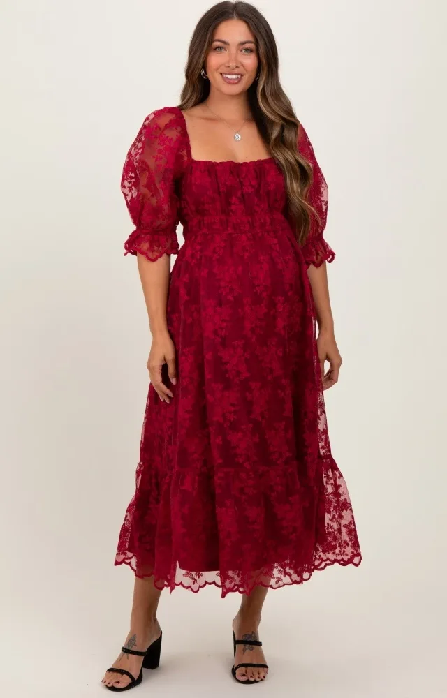 Burgundy Floral Mesh Lace Overlay Maternity Maxi Dress