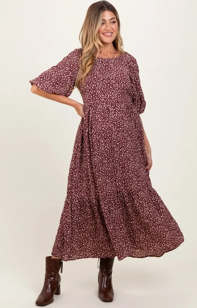 Burgundy Floral Puffed Short Sleeve Maternity Maxi Dress