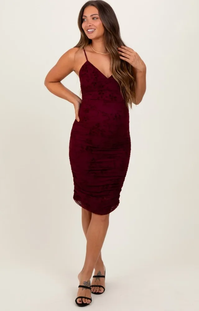 Burgundy Floral Velvet Overlay Ruched Maternity Midi Dress