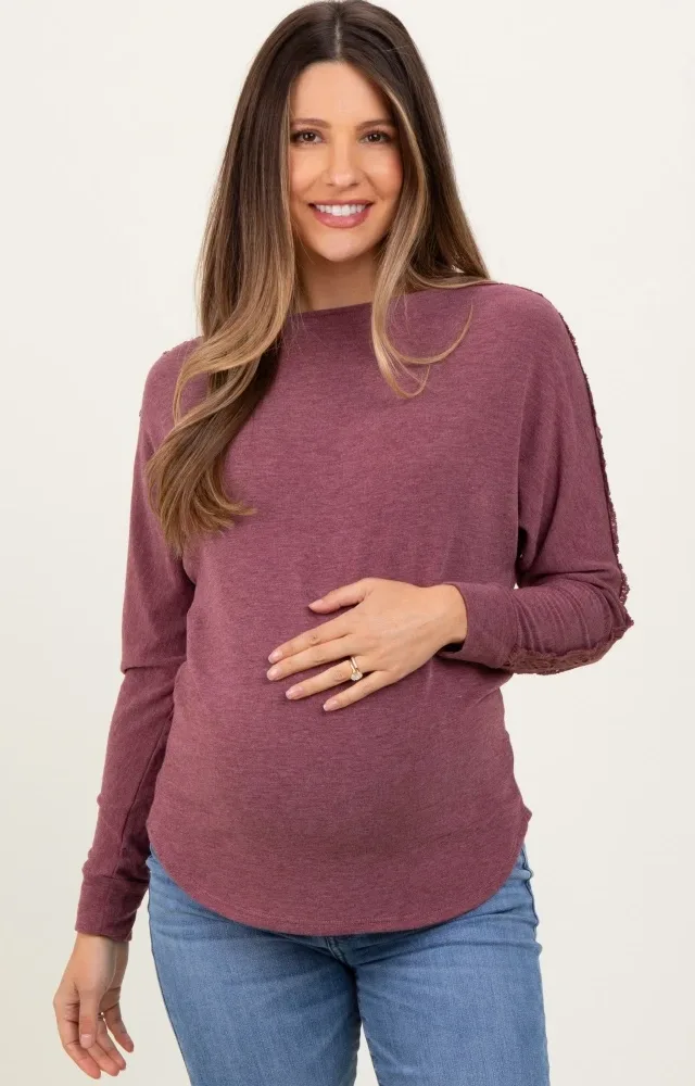 Burgundy French Terry Lace Trim Maternity Long Sleeve