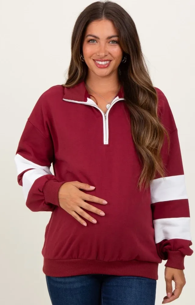 Burgundy Half Zip Stripe Sleeve Maternity Pullover