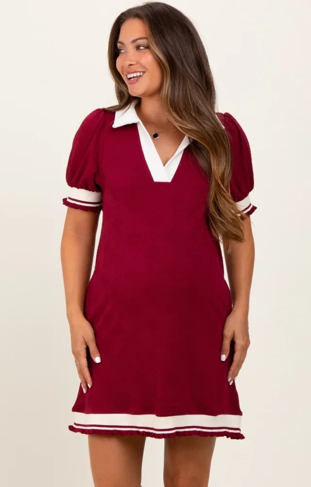 Burgundy Knit Contrast Trim Collared Maternity Mini Dress