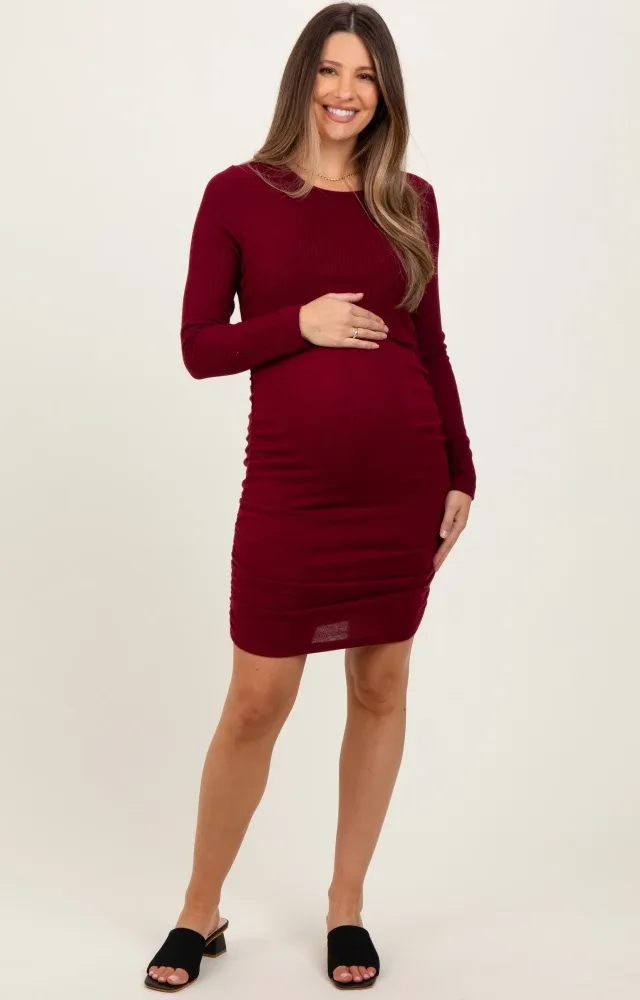 Burgundy Layered Top Ruched Maternity/Nursing Midi Dress