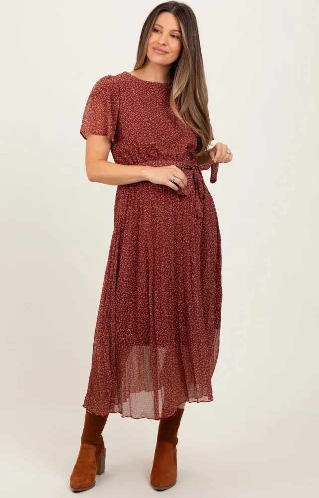 Burgundy Leaf Print Maternity Midi Dress