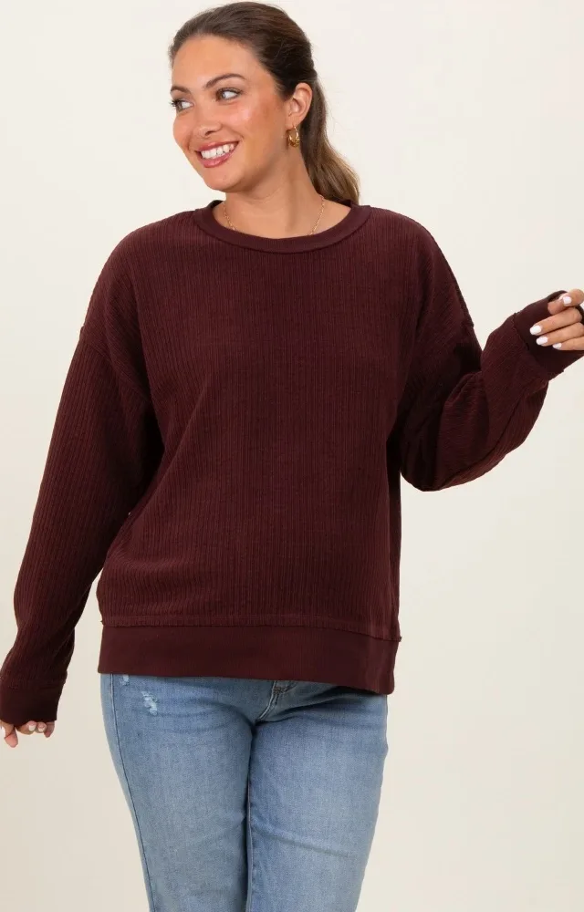 Burgundy Ribbed Brushed Knit Maternity Pullover Top