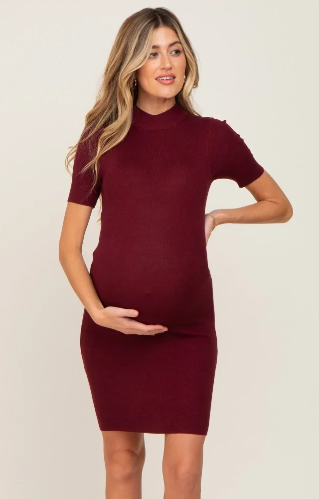 Burgundy Ribbed Mock Neck Maternity Dress