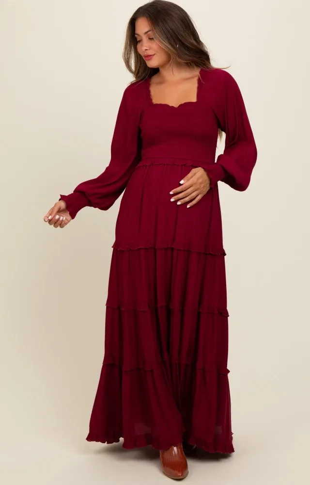 Burgundy Smocked Long Sleeve Ruffle Tiered Maternity Maxi Dress