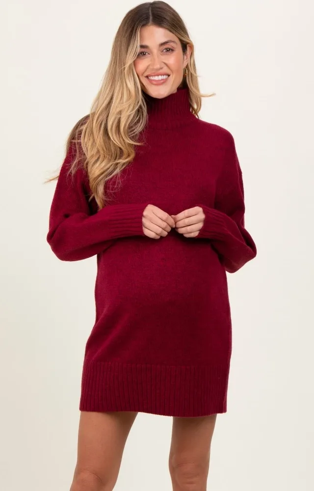 Burgundy Turtle Neck Maternity Mini Sweater Dress