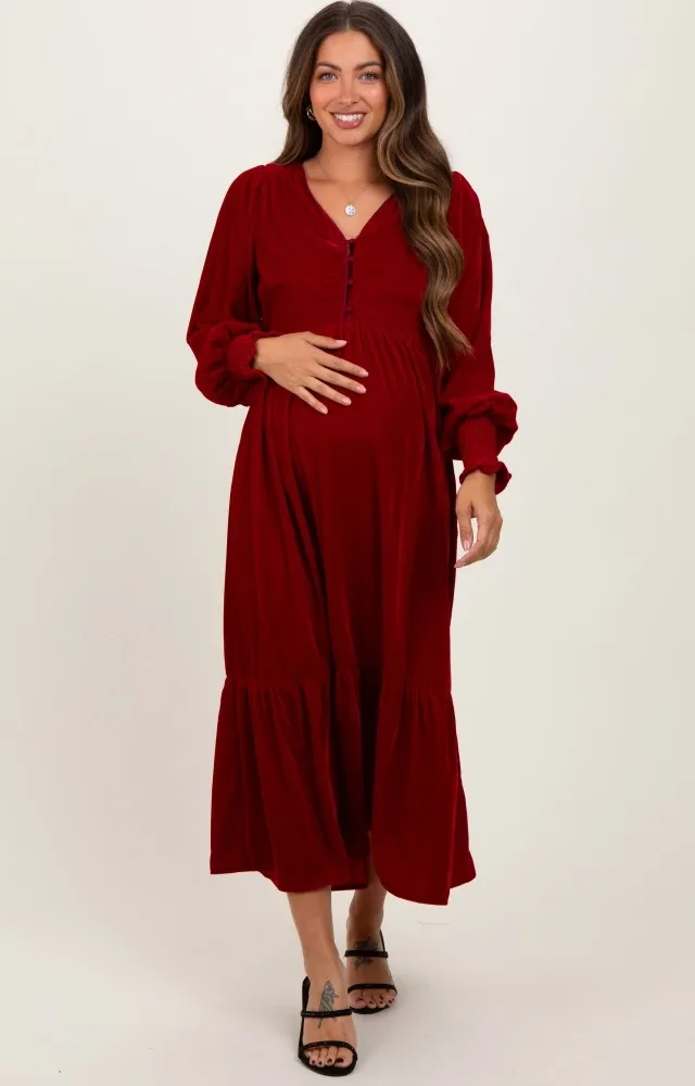 Burgundy Velvet Button Accent Smocked Sleeve Maternity Midi Dress