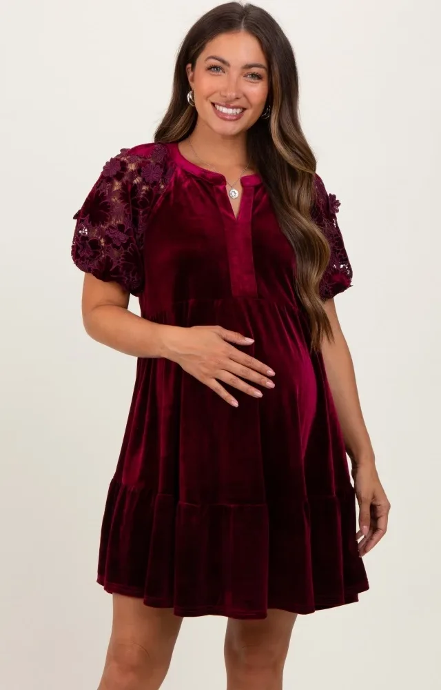 Burgundy Velvet Floral Lace Short Sleeve Maternity Dress