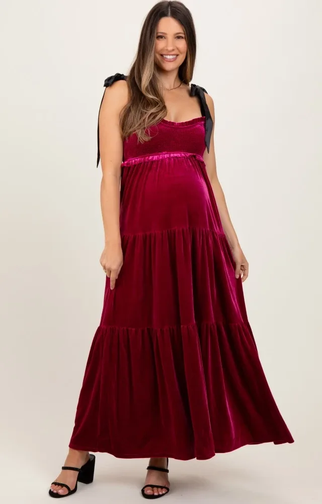 Burgundy Velvet Smocked Satin Shoulder Tie Maternity Maxi Dress