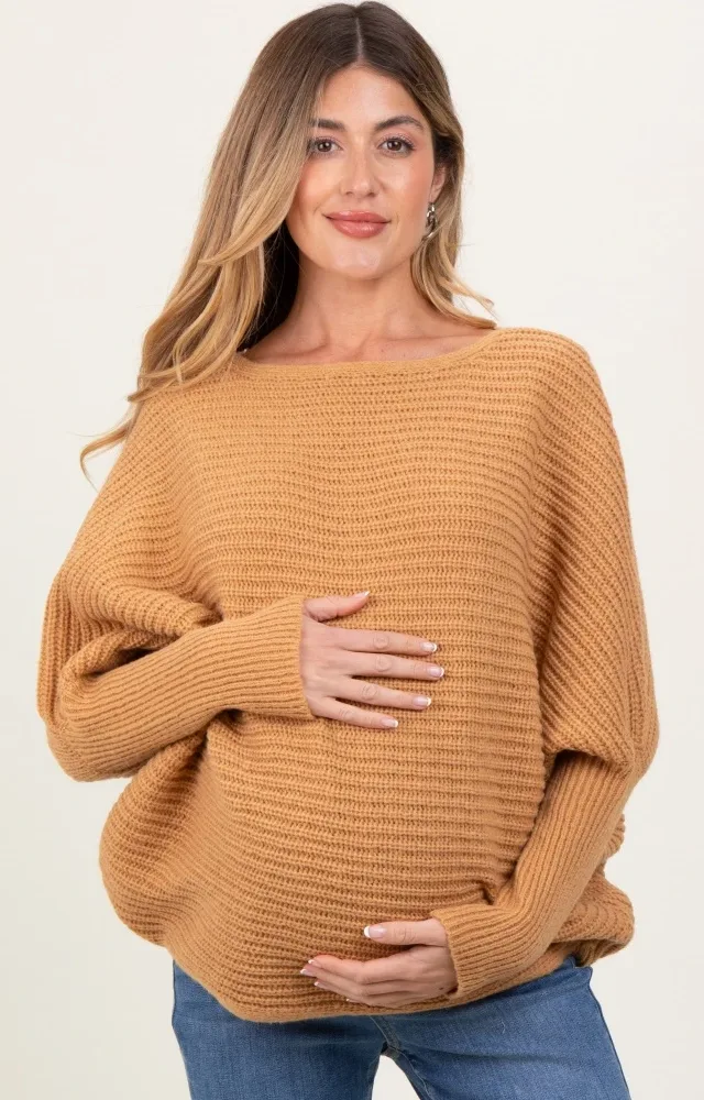 Camel Chunky Knit Dolman Sleeve Oversized Maternity Sweater