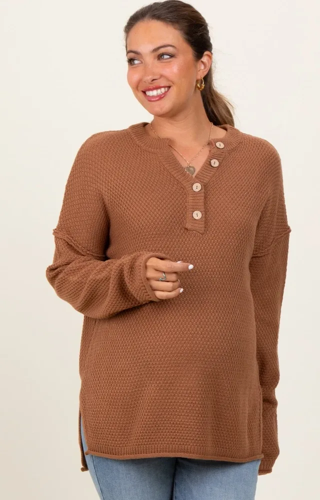 Camel Diamond Knit Button Detail Maternity Sweater