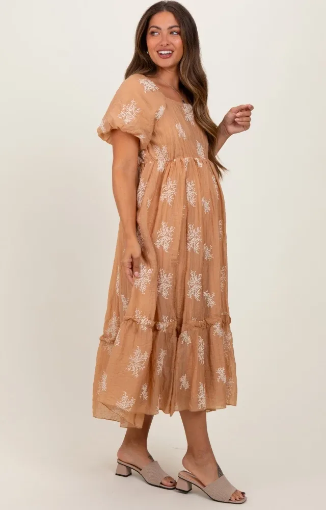 Camel Floral Print Ruffle Hem Maternity Midi Dress