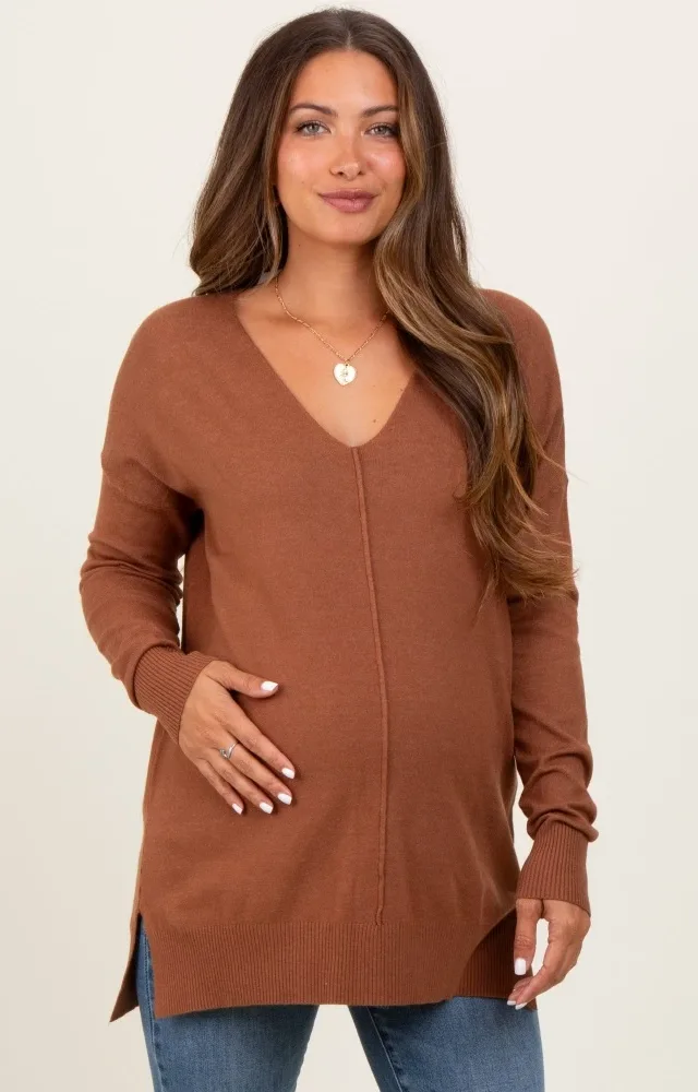 Camel Front Seam V-Neck Side Slit Maternity Sweater