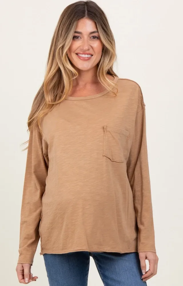 Camel Mineral Wash Front Pocket Long Sleeve Maternity Top