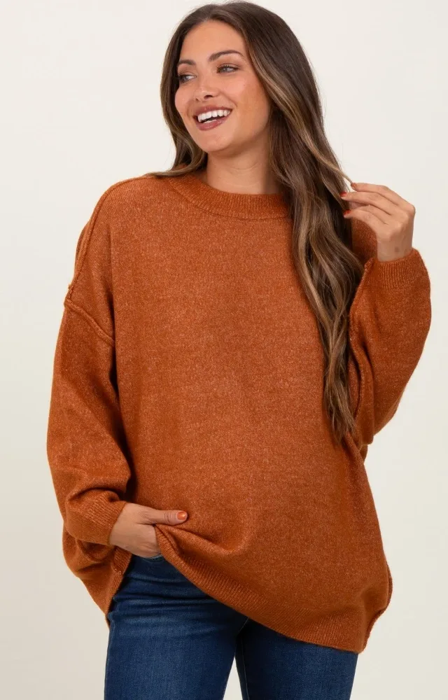 Camel Oversized Crewneck Melange Knit Maternity Sweater