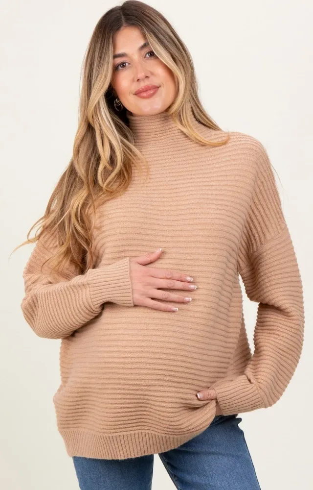 Camel Ribbed Knit Turtleneck Dolman Sleeve Maternity Sweater