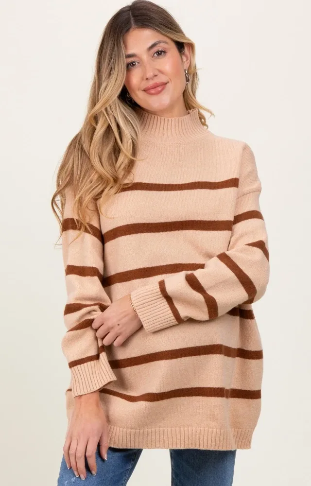 Camel Striped Oversized Mock Neck Maternity Sweater