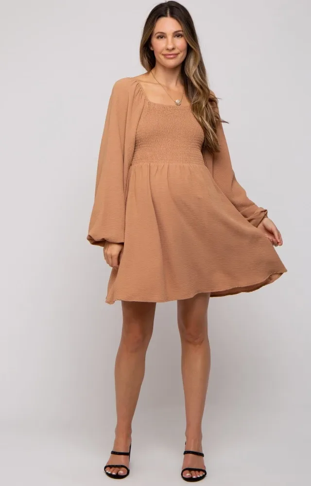 Camel Tie Back Smocked Long Sleeve Maternity Dress