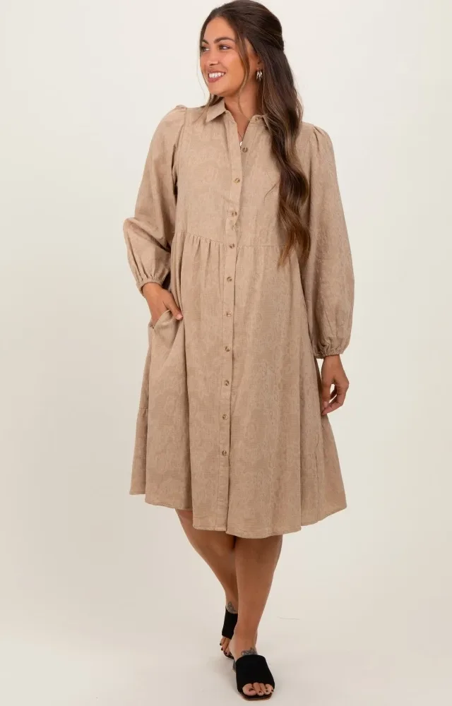 Camel Tiered Button Down Maternity Shirt Dress